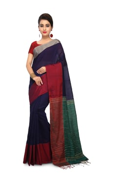 Bengal Handloom Navy & Red Cotton Silk Saree With Blouse