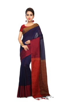 Bengal Handloom Navy & Red Cotton Silk Saree With Blouse - Mp000000003637752