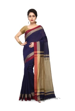 Bengal Handloom Navy Cotton Silk Saree With Blouse