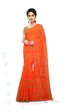 Bengal Handloom Orange Cotton Silk Saree With Blouse