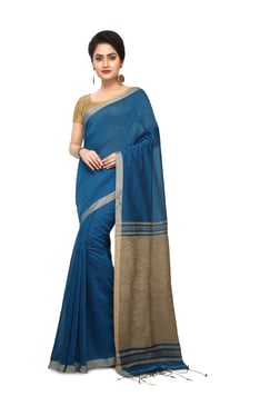 Bengal Handloom Teal Cotton Silk Saree With Blouse