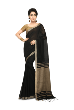 Bengal Handloom Black Cotton Silk Saree With Blouse