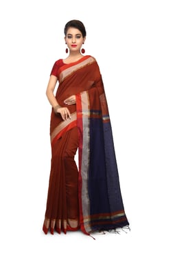 Bengal Handloom Maroon & Navy Cotton Silk Saree With Blouse