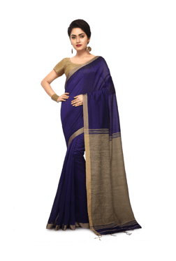 Bengal Handloom Navy Cotton Silk Saree With Blouse - Mp000000003638086