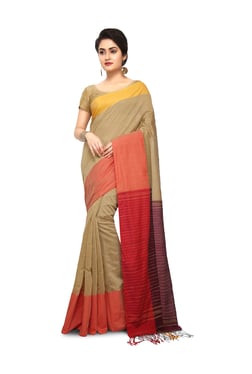 Bengal Handloom Muga & Red Cotton Silk Saree With Blouse