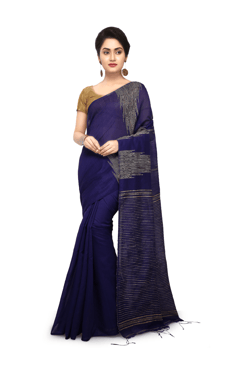 Bengal Handloom Navy Cotton Silk Saree With Blouse - Mp000000003639005