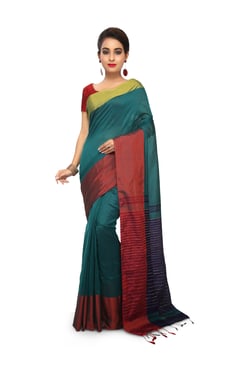 Bengal Handloom Dark Green & Red Cotton Silk Saree With Blouse