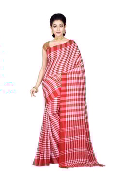 Bengal Handloom Red Cotton Chequered Saree With Blouse