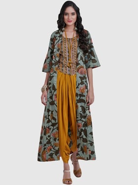 Mustard Printed Top Dhoti Pant Set 