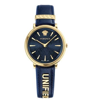 black strap blue face watch