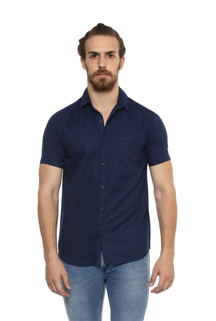 Buy Mufti Navy Cotton Solid Half Sleeves Shirt for Men Online