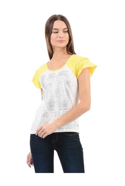 Flying Machine Grey & Yellow Printed Top