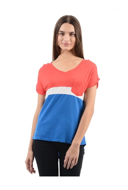 Flying Machine Blue & Coral Slim Fit Top