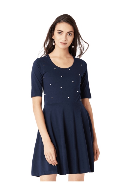 Miss Chase Navy Embellished Above Knee Skater Dress Price in India