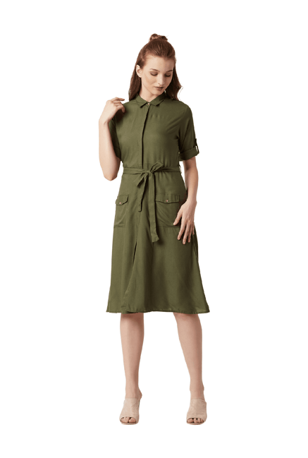 Miss Chase Olive Rayon Knee Length Shirt Dress Price in India