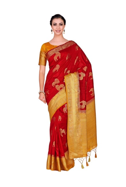 Mimosa Red Embellished Kanjivaram Saree With Blouse