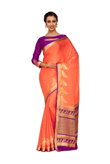 Mimosa Orange Embellished Kanjivaram Saree With Blouse Price in India