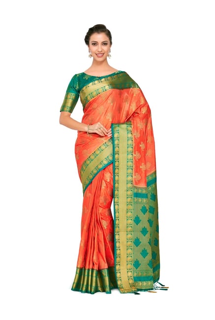 Mimosa Orange Embellished Kanjivaram Saree With Blouse