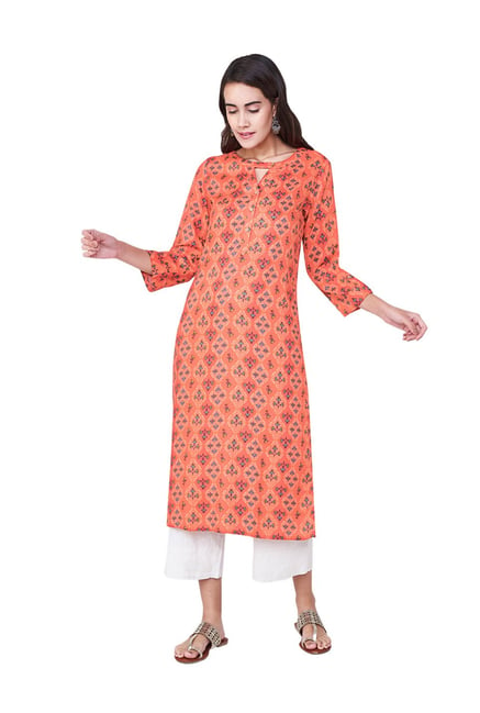 Global Desi Coral Floral Print Kurta