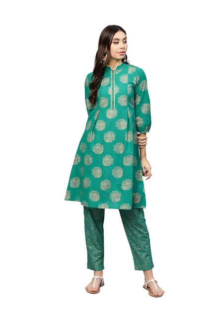Jaipur Kurti Sea Green Cotton Printed Suit Sets Price in India