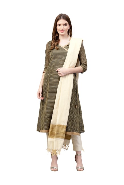 Jaipur Kurti Black & Off White Striped Silk A-Line Kurta With Pant & Dupatta Price in India