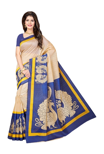 Ishin Beige & Blue Printed Saree With Blouse