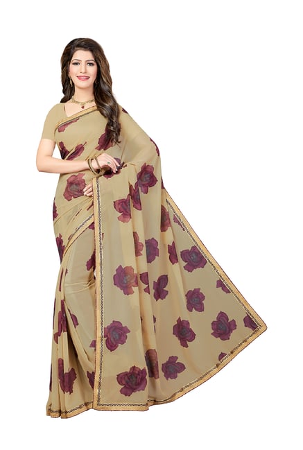 Ishin Beige Floral Print Saree With Blouse