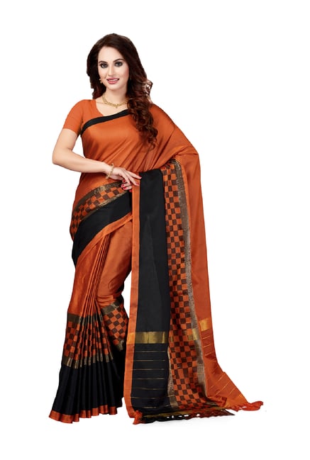 Ishin Orange Checks Saree With Blouse