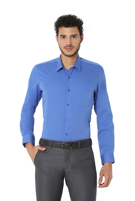 Peter England Blue Solid Regular Fit Cotton Shirt