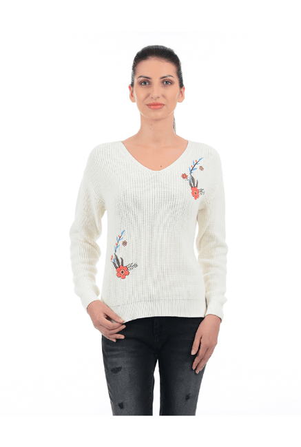 Pepe Jeans Off White Floral Print Cotton Sweater