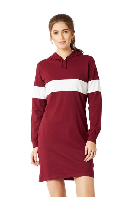 Miss Chase Maroon White Cotton Shift Dress