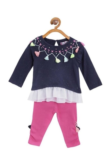 Nauti Nati Kids Navy & Pink Embroidered Top With Pants