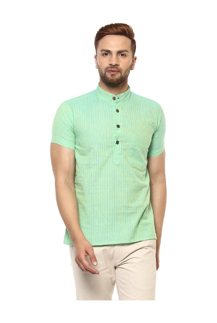 Abhiyuthan Green Striped Cotton Kurta