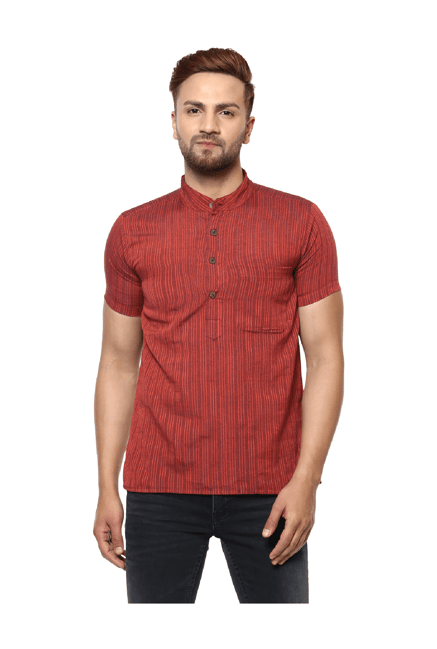 Abhiyuthan Maroon Striped Cotton Kurta