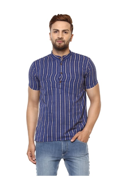 Abhiyuthan Blue Striped Cotton Kurta