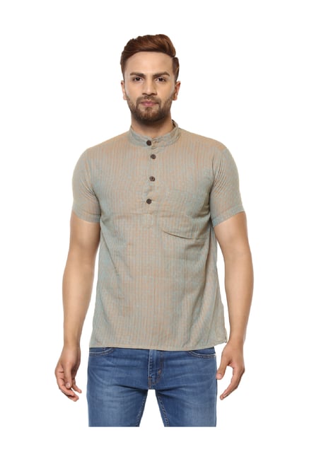 Abhiyuthan Grey Striped Cotton Kurta