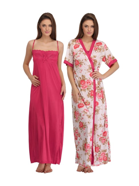 Clovia Pink Printed Nighty With Robe