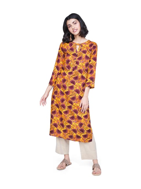 Global Desi Mustard Printed Kurta