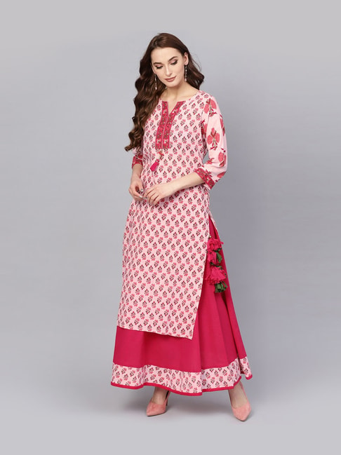Buy Jaipur Kurti Pink Cotton Floral Print Kurti Skirt Set for Women ...