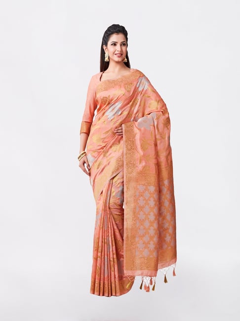 Buy online Kanjeevaram Soft Silk Saree With Meenakari Woven & Rich Pallu -  Peach-AF1599