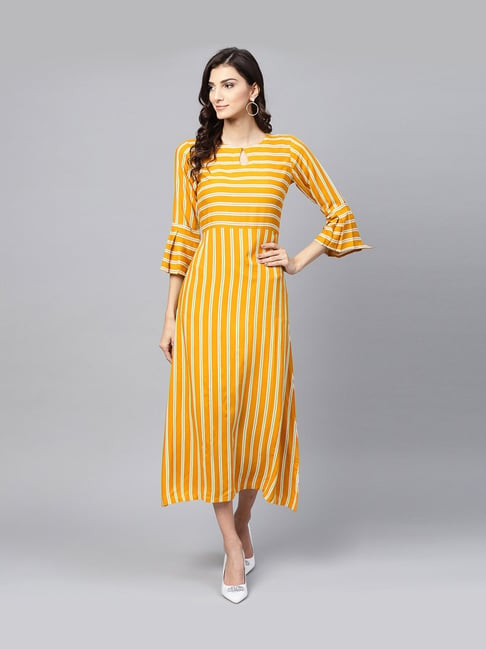 Gerua Yellow Striped A-Line Dress Price in India