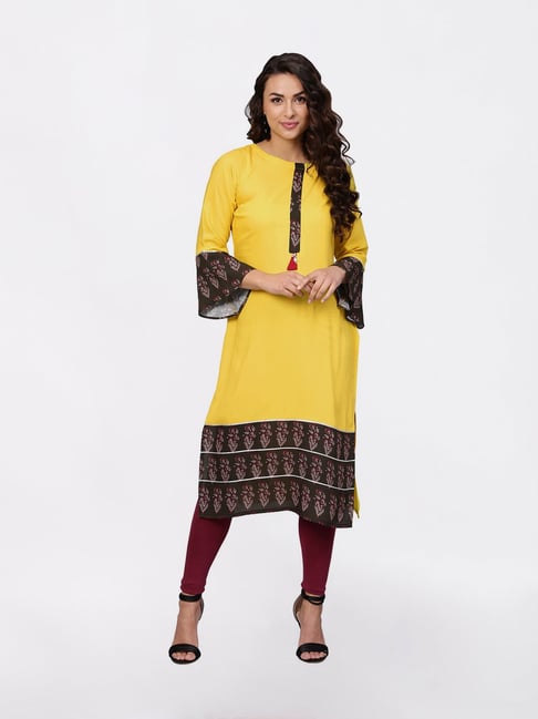 Ahalyaa Yellow Floral Print Straight Kurti