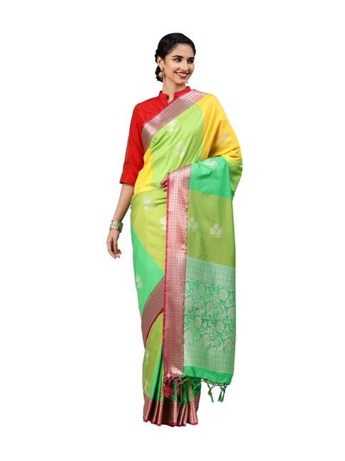 Varkala Silk Sarees Green & Yellow Floral Print Banarasi Saree With Blouse