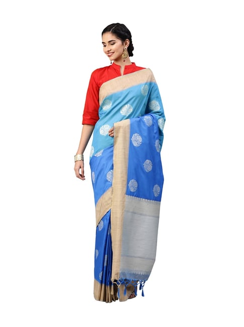 Varkala Silk Sarees Blue Floral Print Banarasi Saree With Blouse