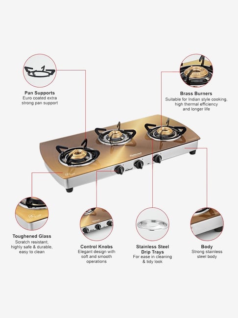 Buy Sunflame Crystal Metal Art Ss 3 Burners Gas Stove Gold