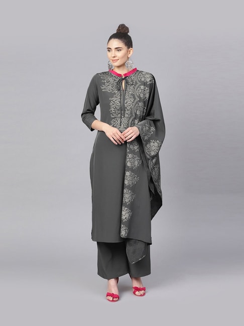 Women's Daily Wear Grey Color Heavy Rayon Khatli Work Kurti With Plazzo