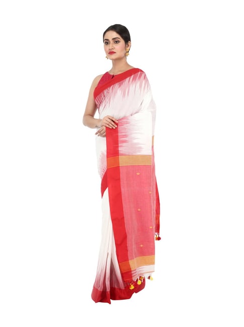 Pinkloom White & Red Cotton Woven Saree Without Blouse Piece-picture-13