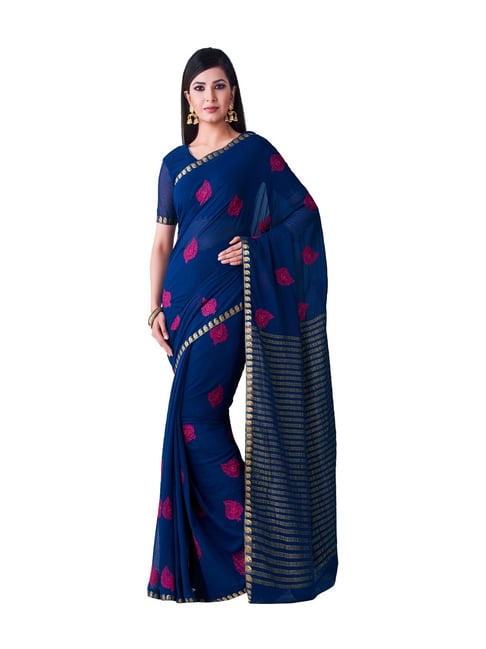 Mimosa Navy Embroidered Banarasi Saree With Blouse Price in India