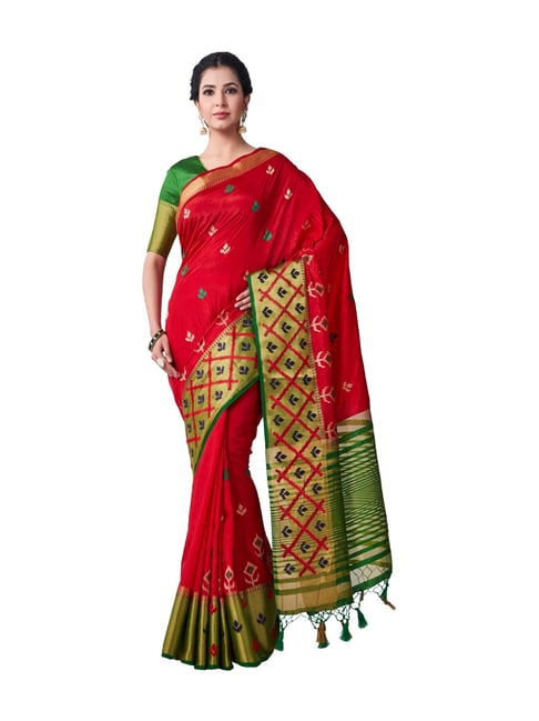 Mimosa Red Embroidered Kanjivaram Saree With Blouse Price in India