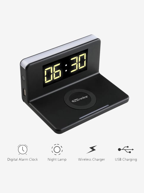 Portronics Freedom 4 POR-405 Desktop Wireless Charger with Alarm Clock & LED Lamp (Black)